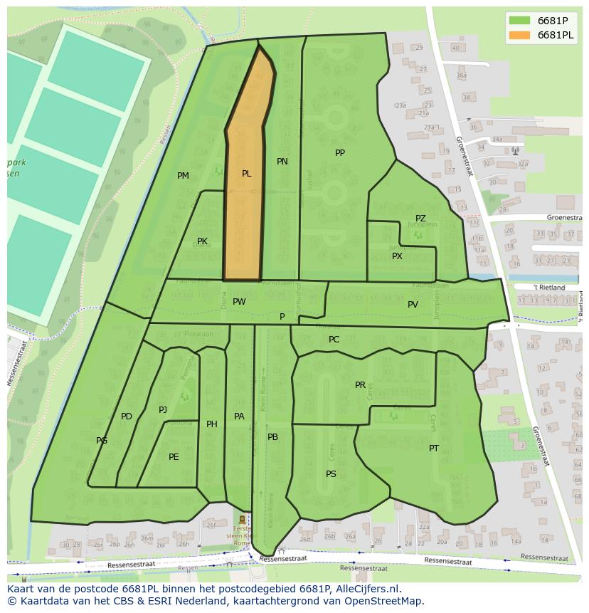 Afbeelding van het postcodegebied 6681 PL op de kaart.