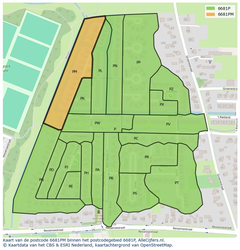 Afbeelding van het postcodegebied 6681 PM op de kaart.