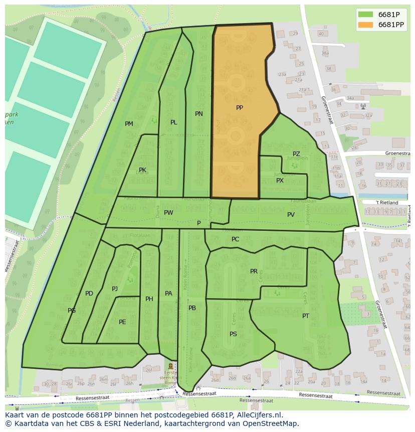 Afbeelding van het postcodegebied 6681 PP op de kaart.