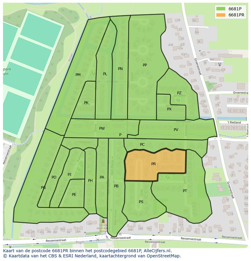 Afbeelding van het postcodegebied 6681 PR op de kaart.