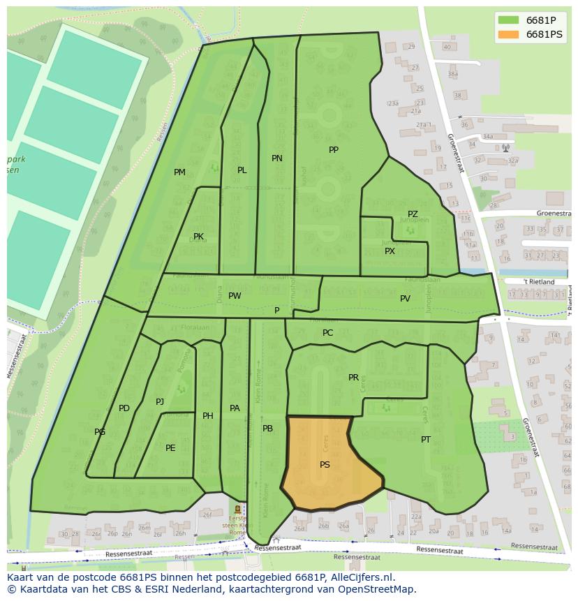 Afbeelding van het postcodegebied 6681 PS op de kaart.