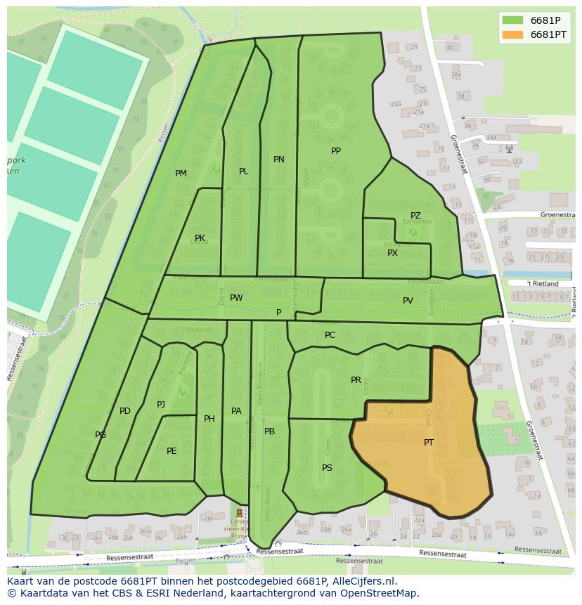 Afbeelding van het postcodegebied 6681 PT op de kaart.