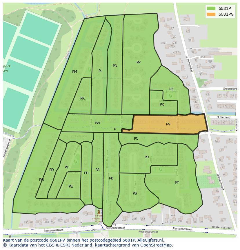 Afbeelding van het postcodegebied 6681 PV op de kaart.