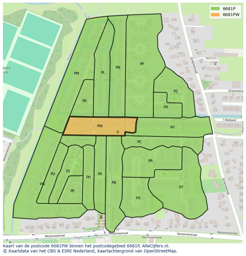 Afbeelding van het postcodegebied 6681 PW op de kaart.