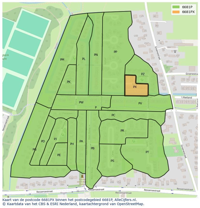Afbeelding van het postcodegebied 6681 PX op de kaart.
