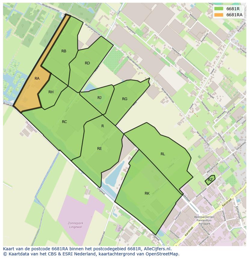Afbeelding van het postcodegebied 6681 RA op de kaart.