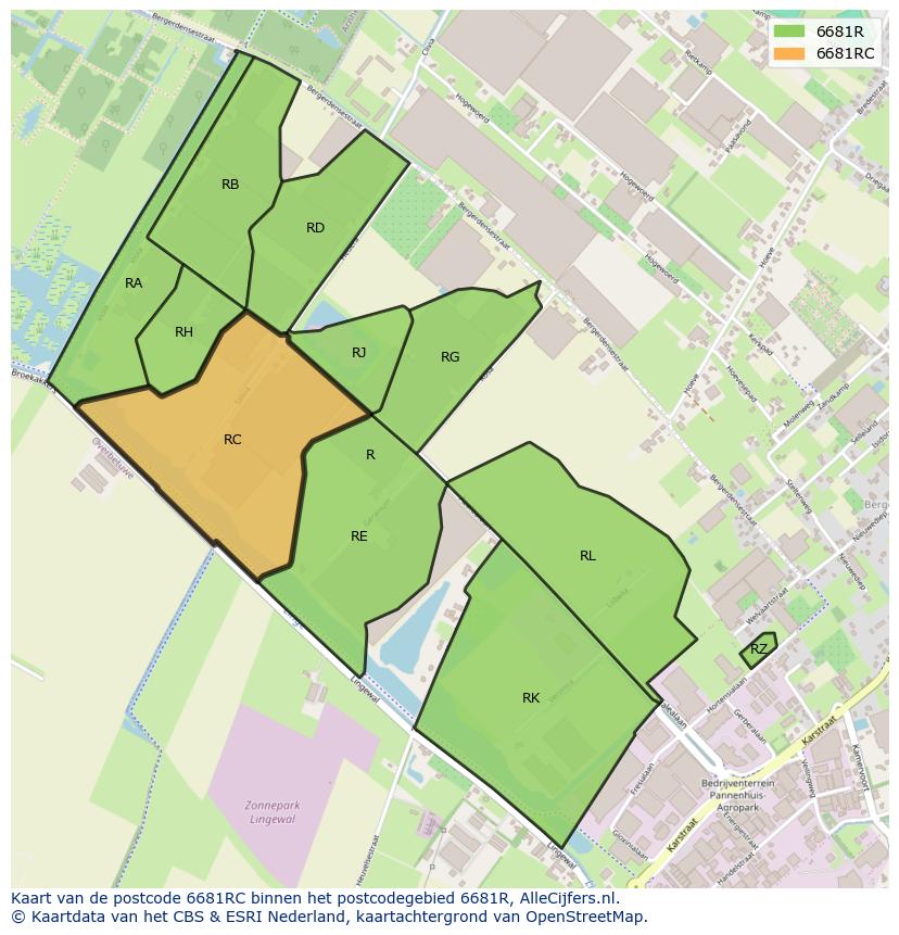 Afbeelding van het postcodegebied 6681 RC op de kaart.