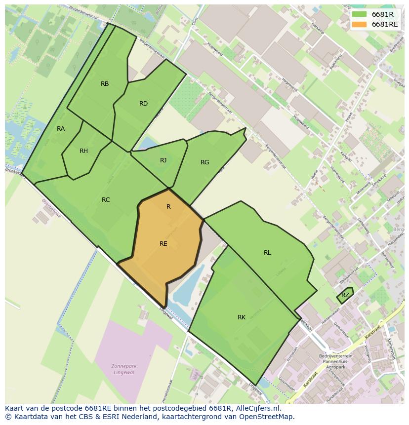Afbeelding van het postcodegebied 6681 RE op de kaart.