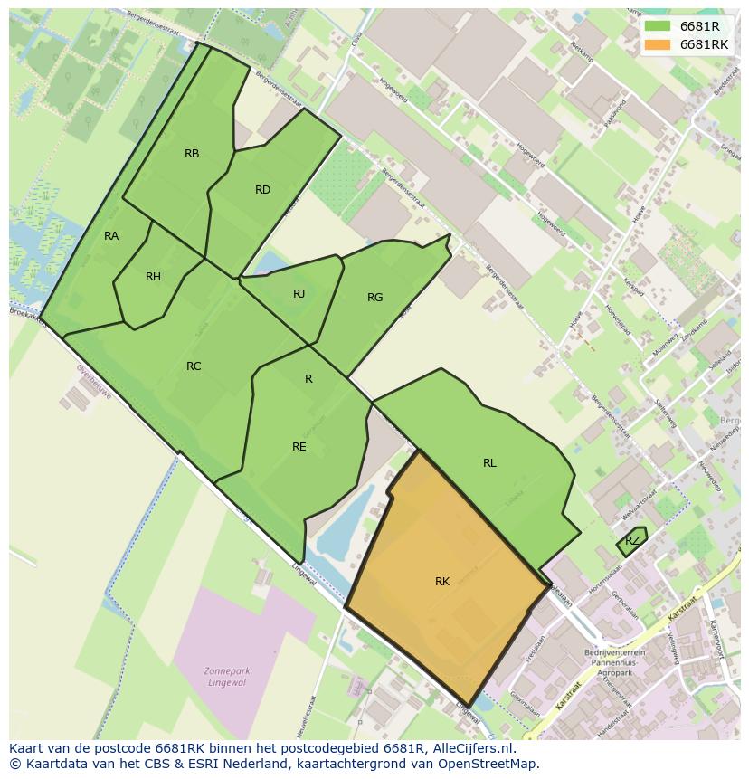 Afbeelding van het postcodegebied 6681 RK op de kaart.