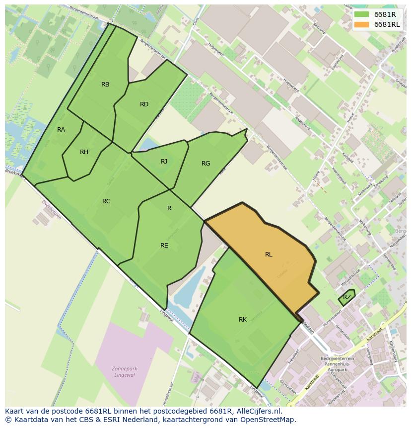 Afbeelding van het postcodegebied 6681 RL op de kaart.