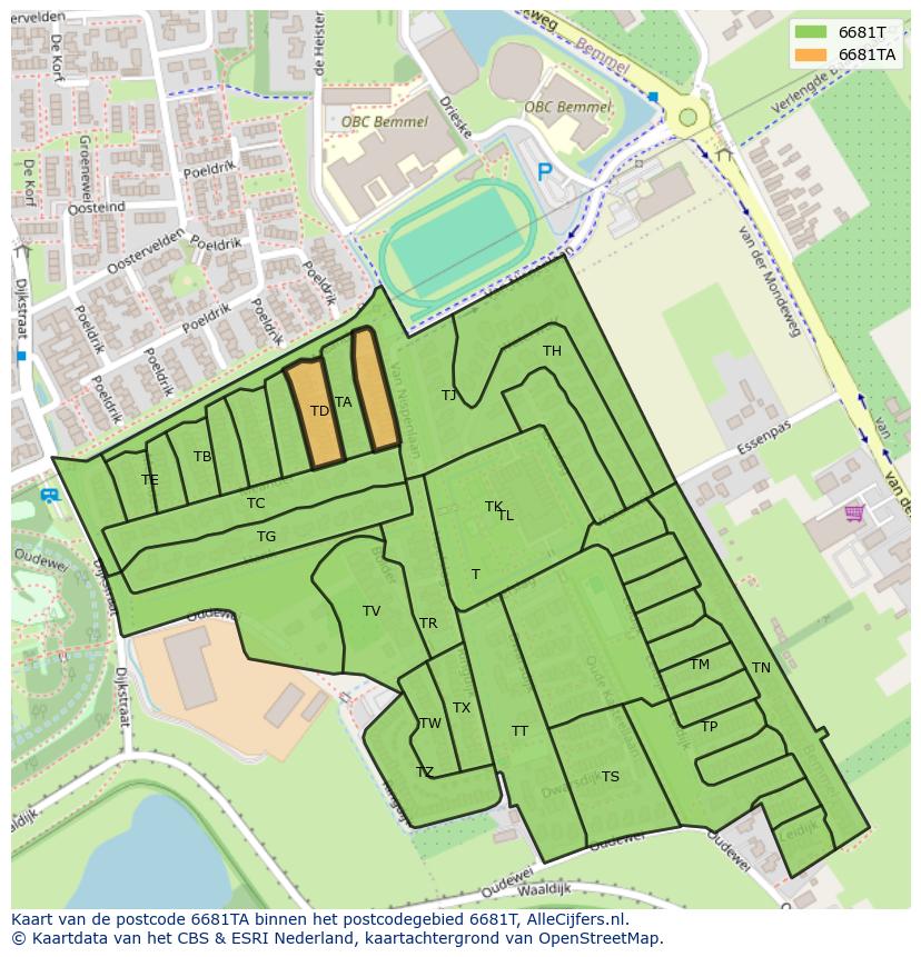 Afbeelding van het postcodegebied 6681 TA op de kaart.