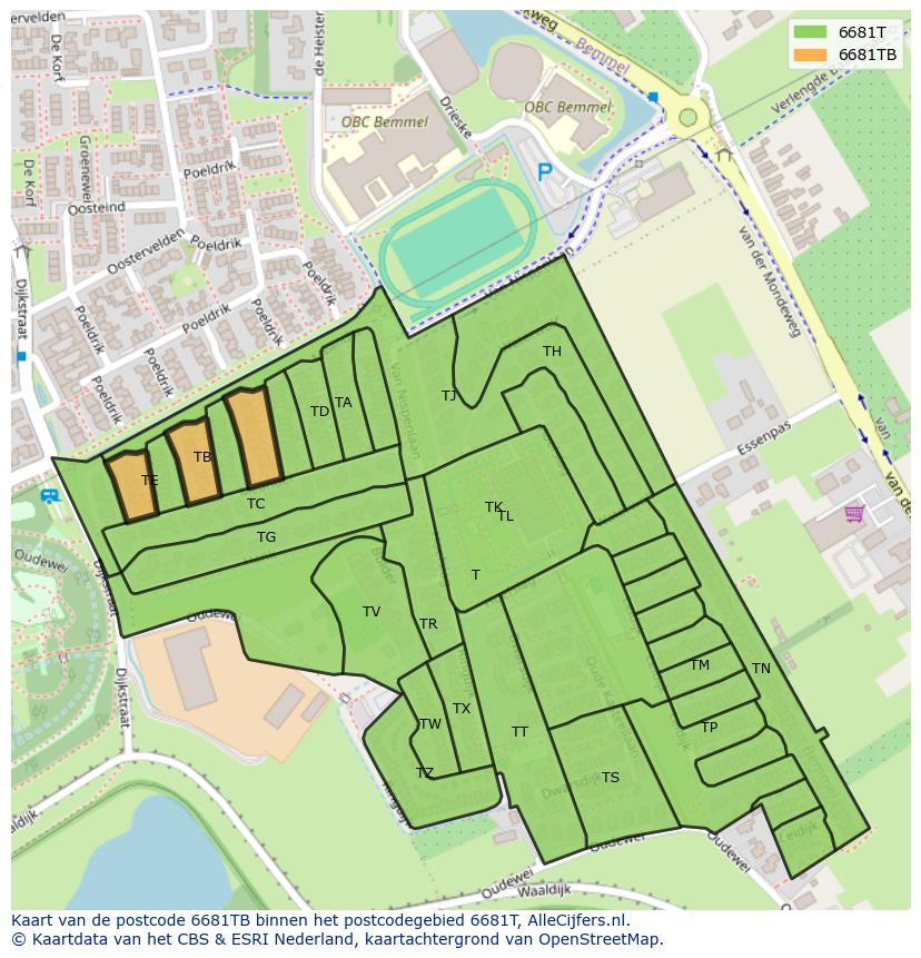 Afbeelding van het postcodegebied 6681 TB op de kaart.