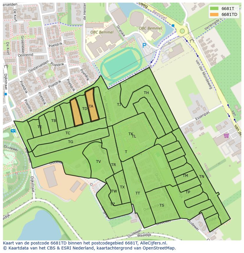 Afbeelding van het postcodegebied 6681 TD op de kaart.