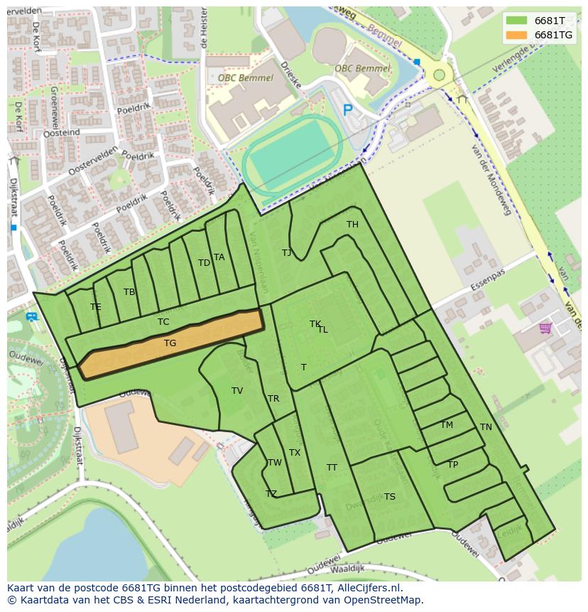 Afbeelding van het postcodegebied 6681 TG op de kaart.