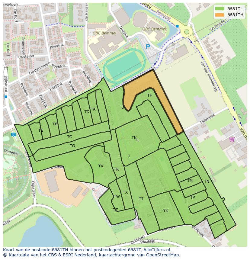 Afbeelding van het postcodegebied 6681 TH op de kaart.
