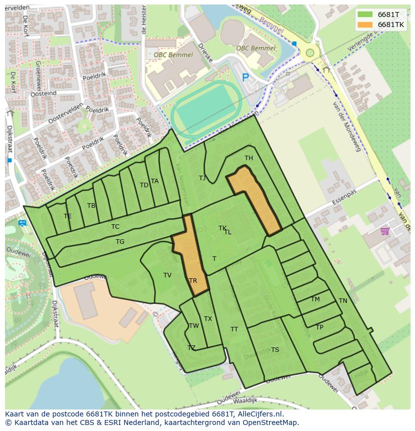 Afbeelding van het postcodegebied 6681 TK op de kaart.