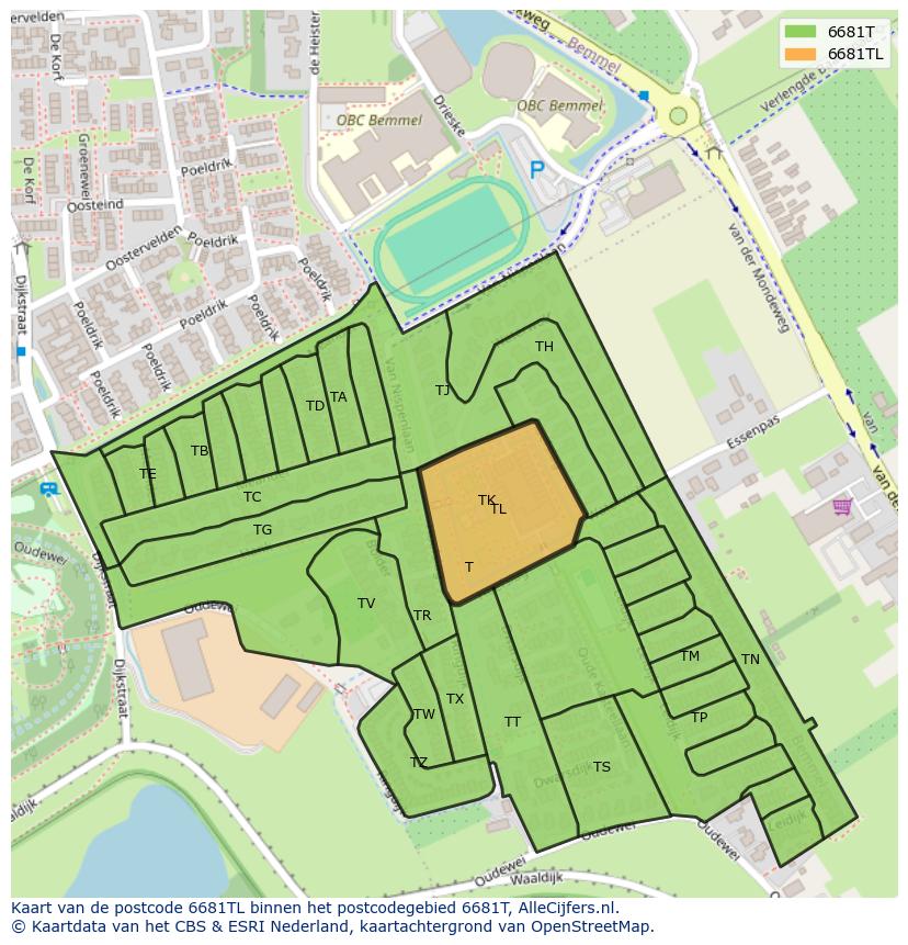 Afbeelding van het postcodegebied 6681 TL op de kaart.