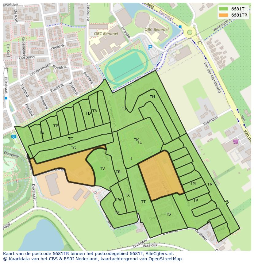 Afbeelding van het postcodegebied 6681 TR op de kaart.