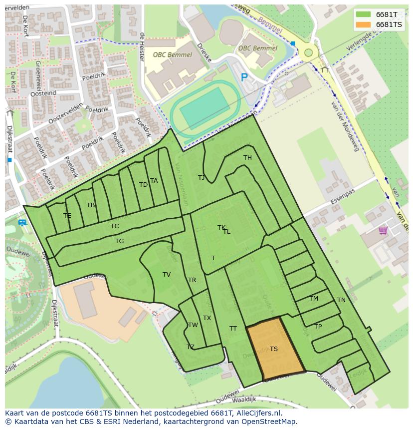 Afbeelding van het postcodegebied 6681 TS op de kaart.