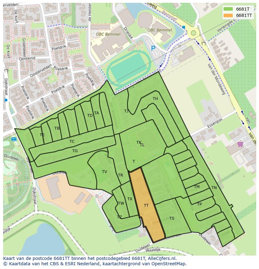 Afbeelding van het postcodegebied 6681 TT op de kaart.