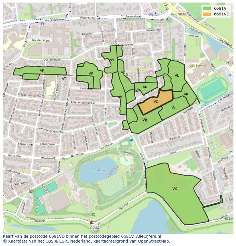 Afbeelding van het postcodegebied 6681 VD op de kaart.