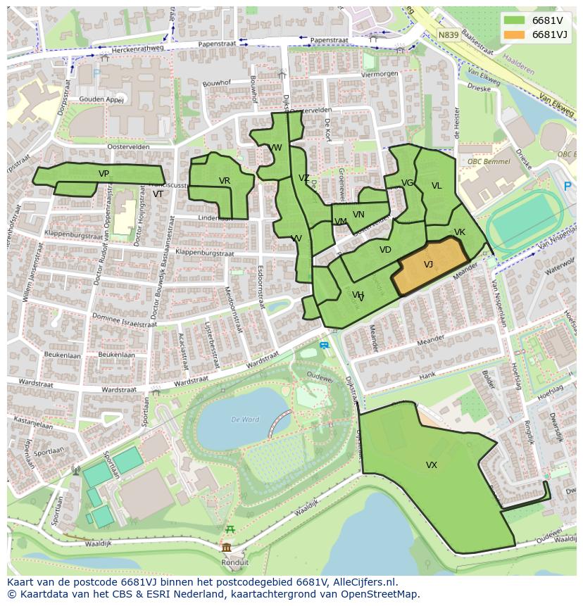 Afbeelding van het postcodegebied 6681 VJ op de kaart.