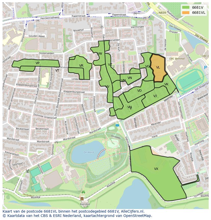 Afbeelding van het postcodegebied 6681 VL op de kaart.
