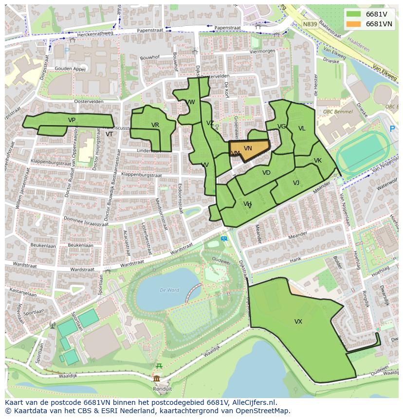 Afbeelding van het postcodegebied 6681 VN op de kaart.