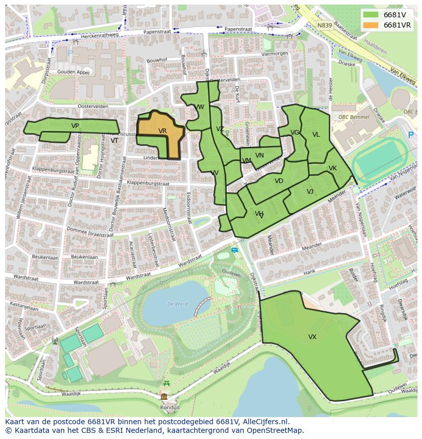 Afbeelding van het postcodegebied 6681 VR op de kaart.