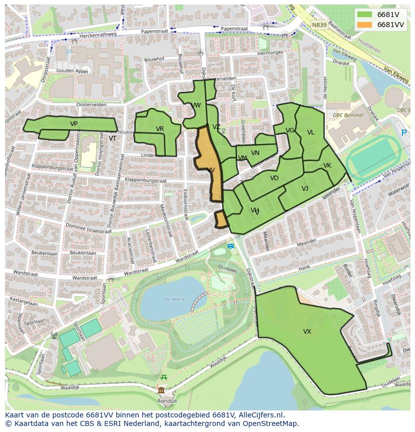 Afbeelding van het postcodegebied 6681 VV op de kaart.
