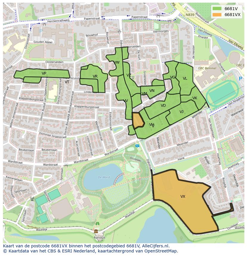 Afbeelding van het postcodegebied 6681 VX op de kaart.