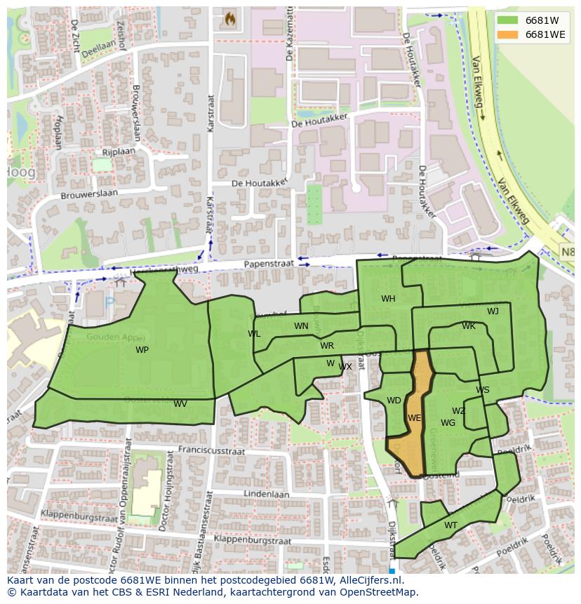 Afbeelding van het postcodegebied 6681 WE op de kaart.