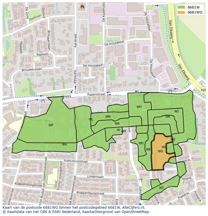 Afbeelding van het postcodegebied 6681 WG op de kaart.
