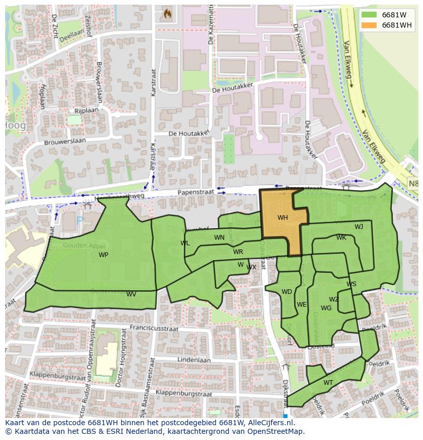 Afbeelding van het postcodegebied 6681 WH op de kaart.