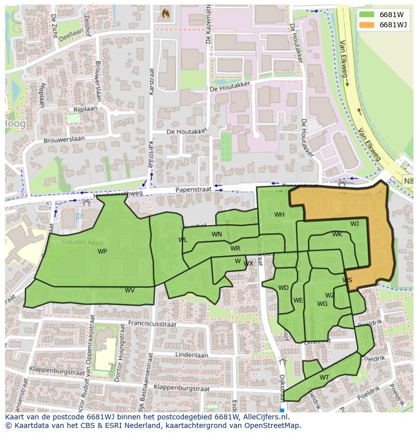 Afbeelding van het postcodegebied 6681 WJ op de kaart.