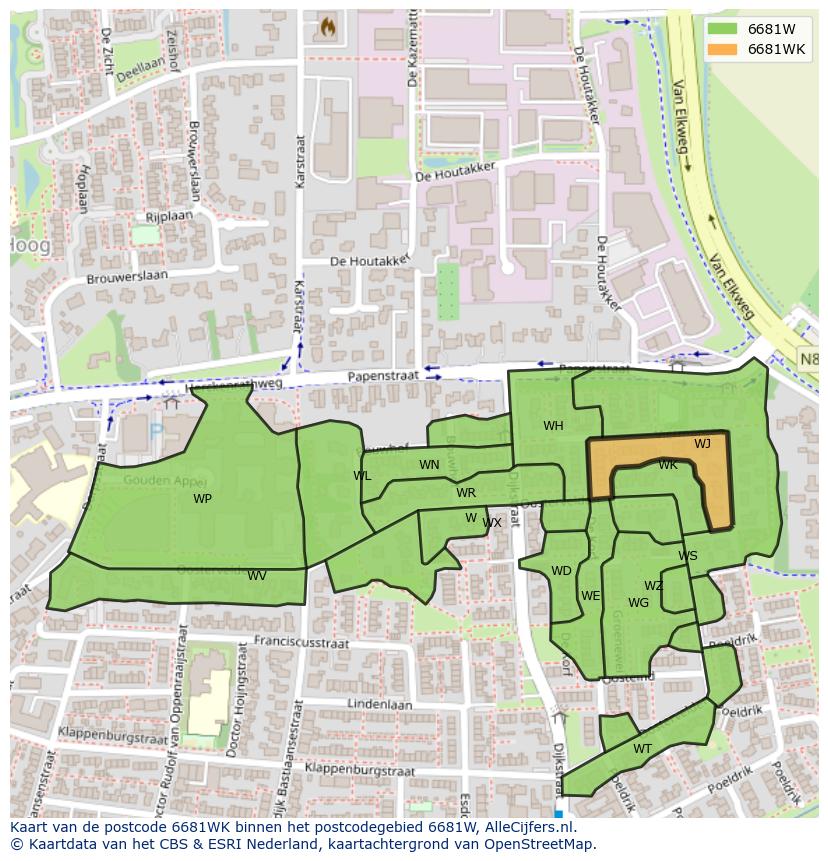 Afbeelding van het postcodegebied 6681 WK op de kaart.