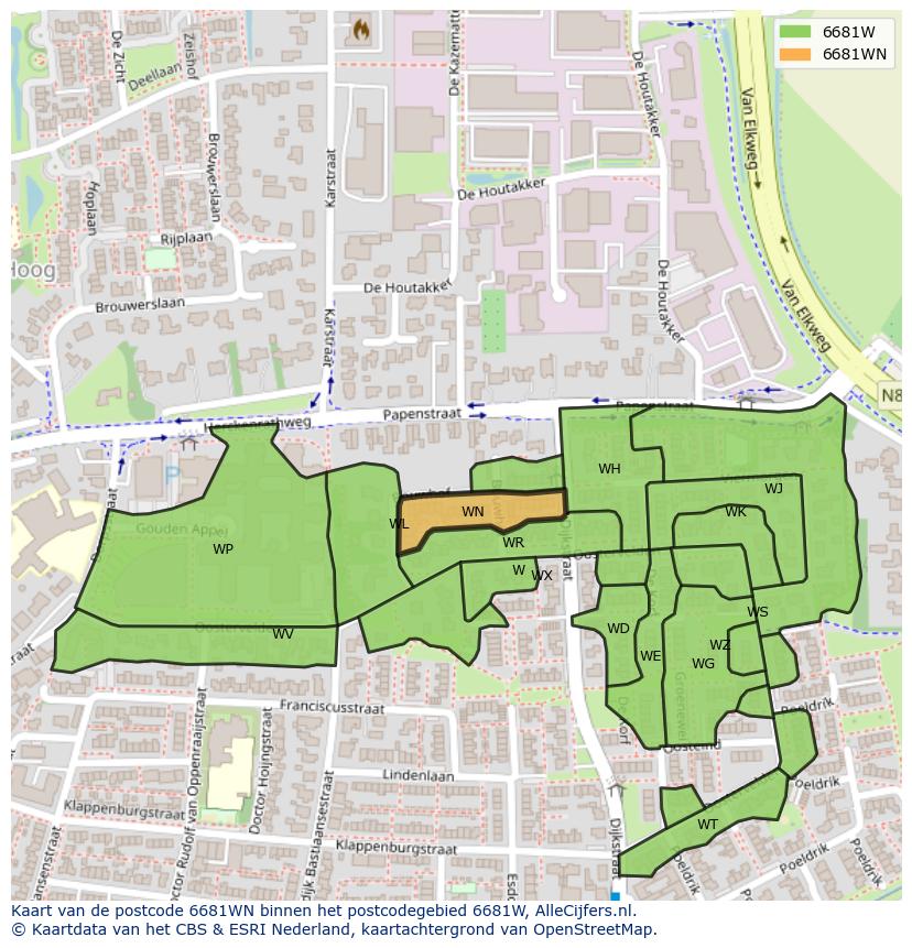 Afbeelding van het postcodegebied 6681 WN op de kaart.