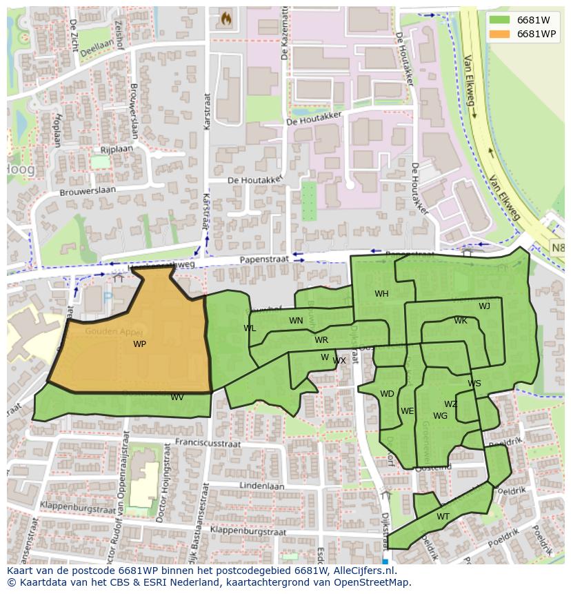 Afbeelding van het postcodegebied 6681 WP op de kaart.