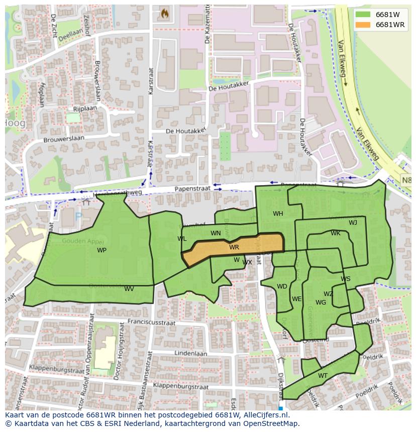 Afbeelding van het postcodegebied 6681 WR op de kaart.