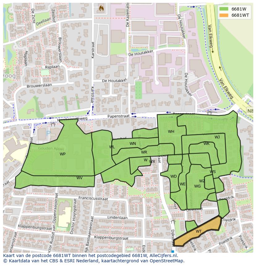Afbeelding van het postcodegebied 6681 WT op de kaart.