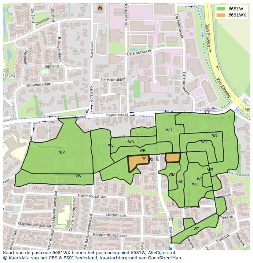 Afbeelding van het postcodegebied 6681 WX op de kaart.