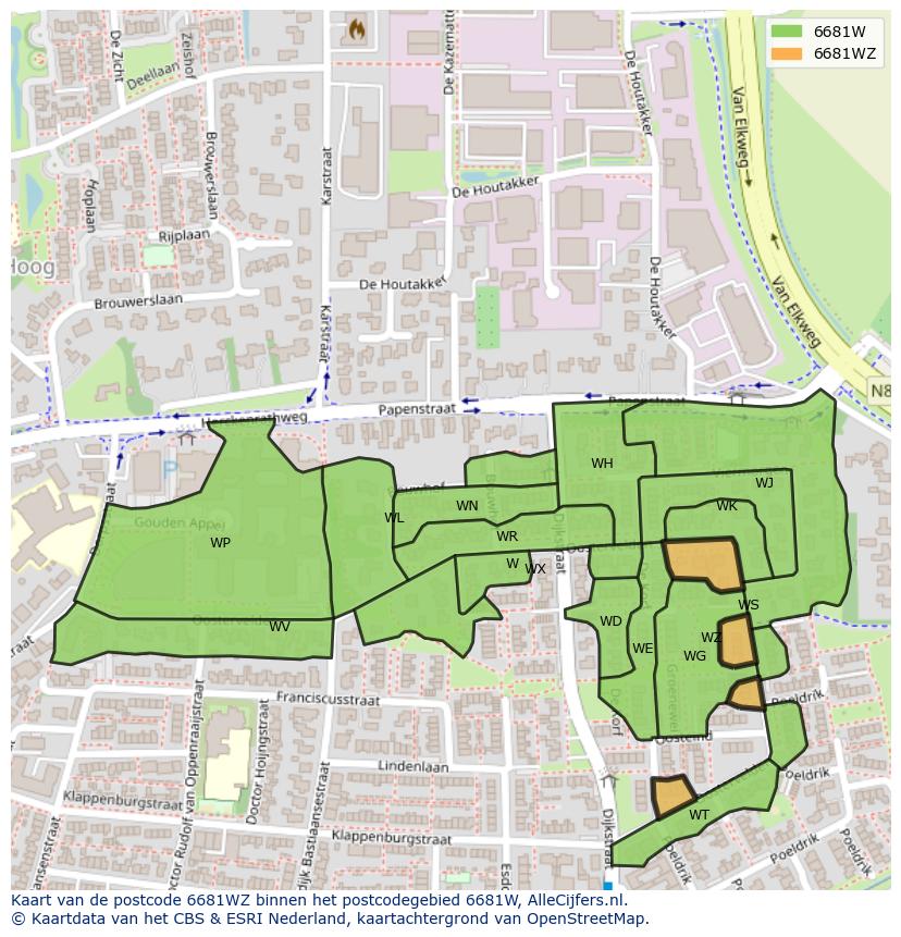 Afbeelding van het postcodegebied 6681 WZ op de kaart.