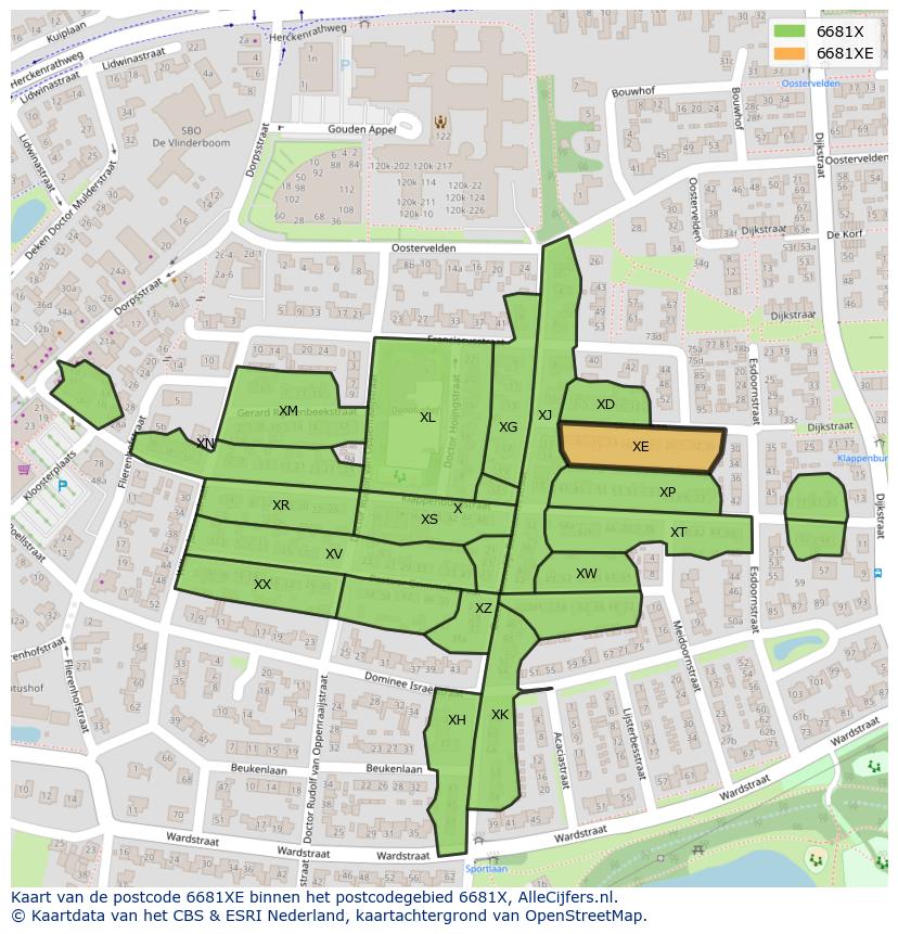 Afbeelding van het postcodegebied 6681 XE op de kaart.