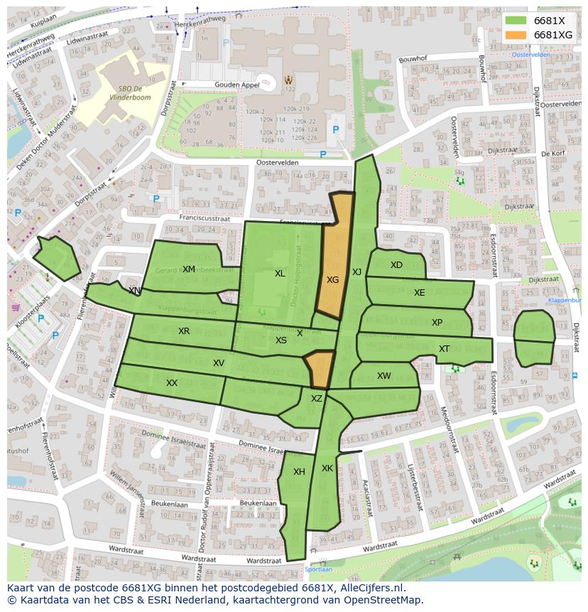 Afbeelding van het postcodegebied 6681 XG op de kaart.