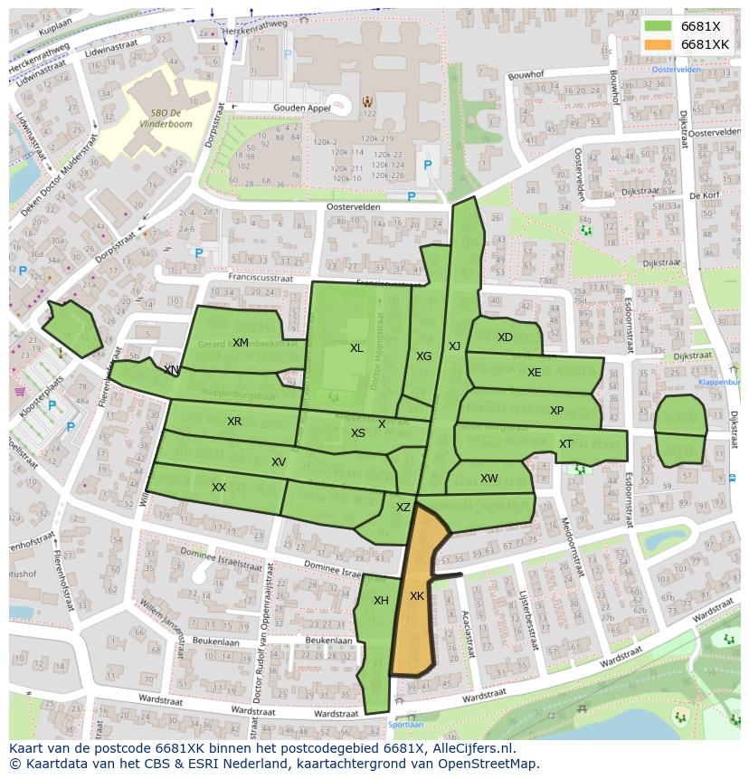 Afbeelding van het postcodegebied 6681 XK op de kaart.