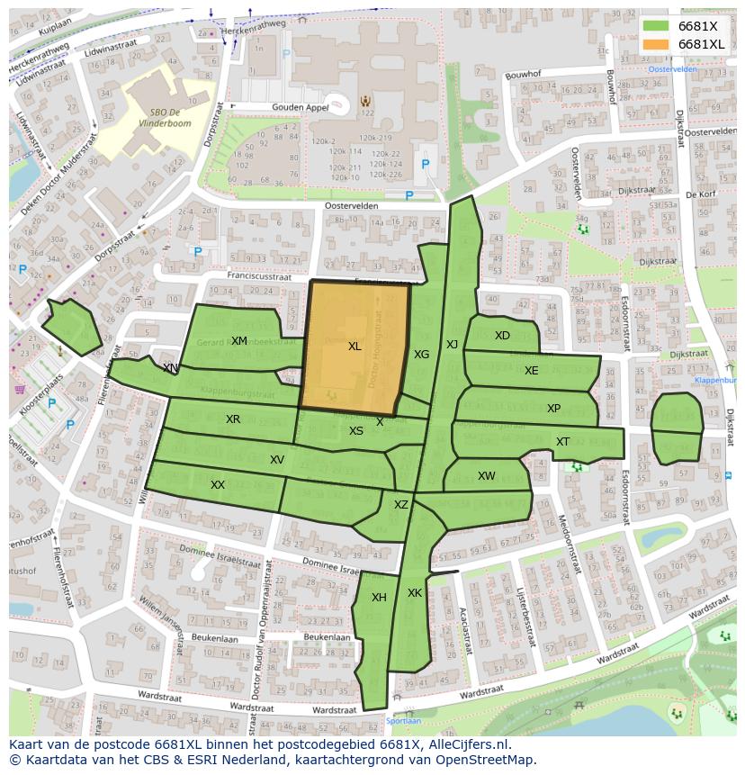 Afbeelding van het postcodegebied 6681 XL op de kaart.