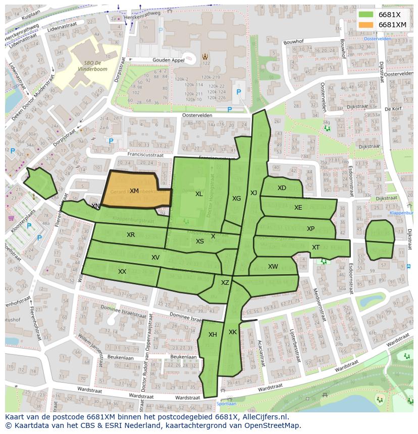 Afbeelding van het postcodegebied 6681 XM op de kaart.