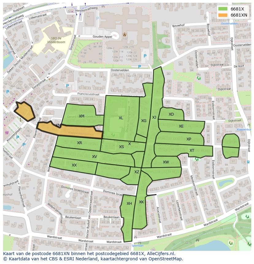 Afbeelding van het postcodegebied 6681 XN op de kaart.
