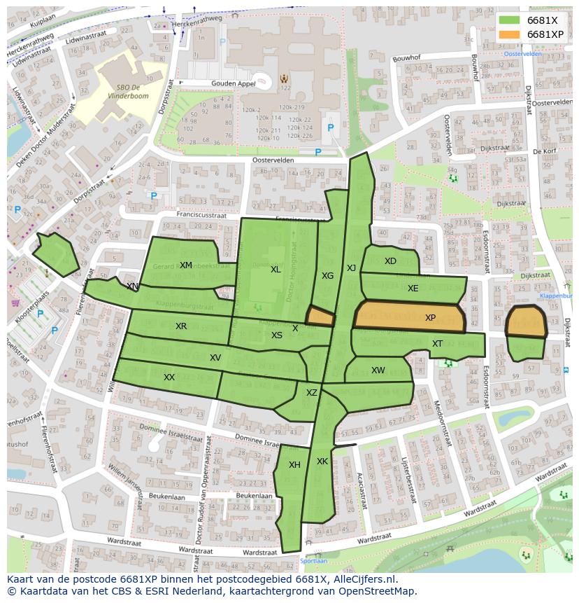 Afbeelding van het postcodegebied 6681 XP op de kaart.