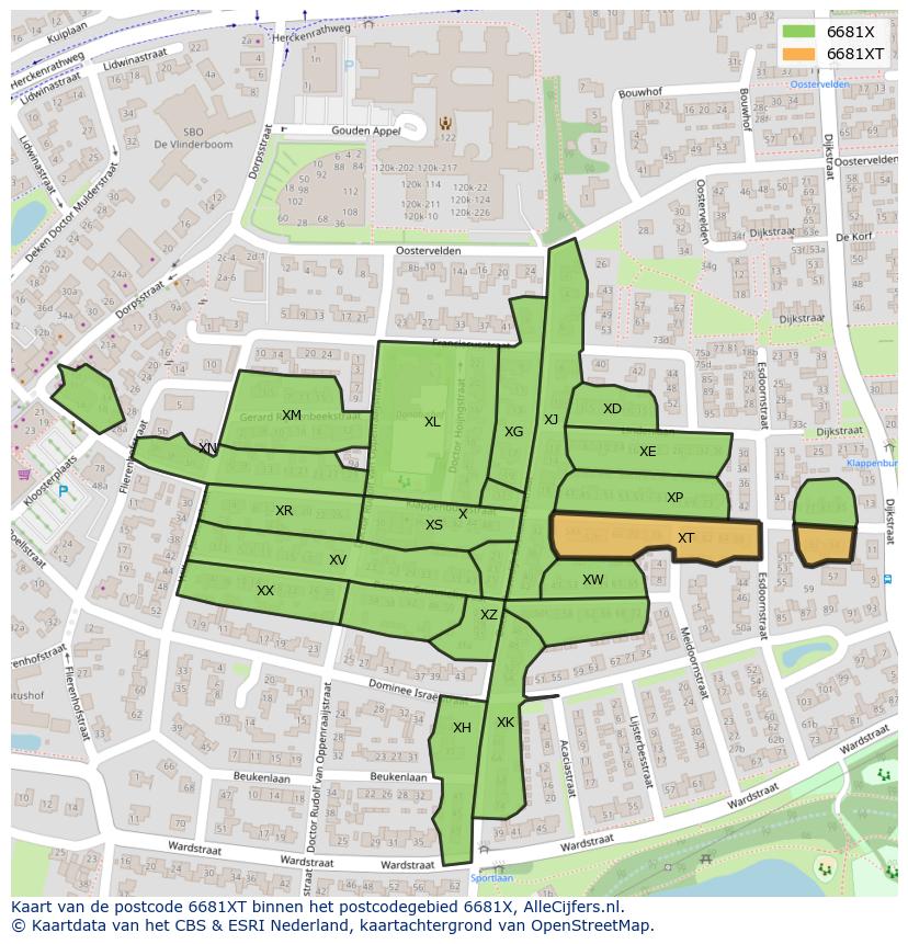 Afbeelding van het postcodegebied 6681 XT op de kaart.